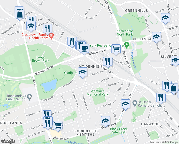 map of restaurants, bars, coffee shops, grocery stores, and more near 2 Syndicate Avenue in Toronto
