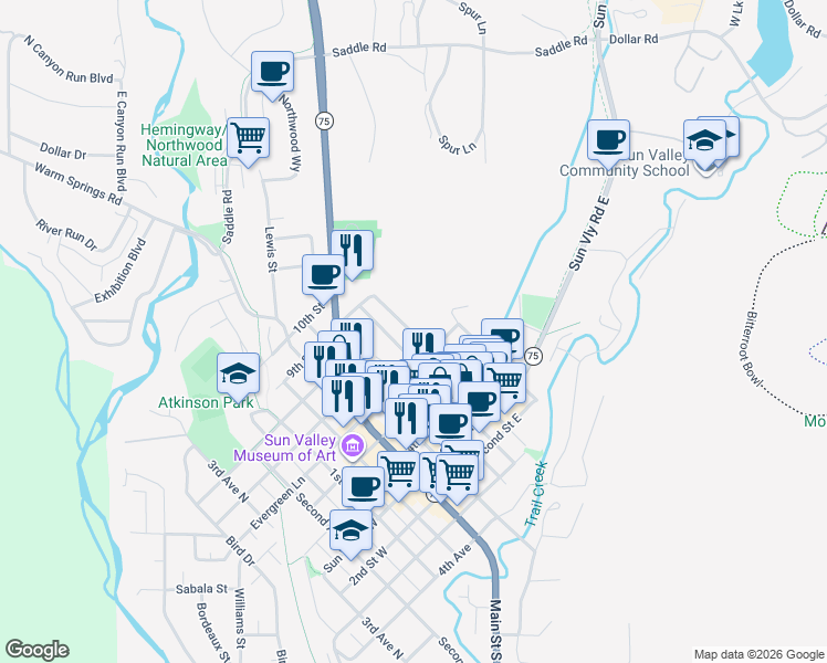 map of restaurants, bars, coffee shops, grocery stores, and more near 699 Walnut Ave in Sun Valley