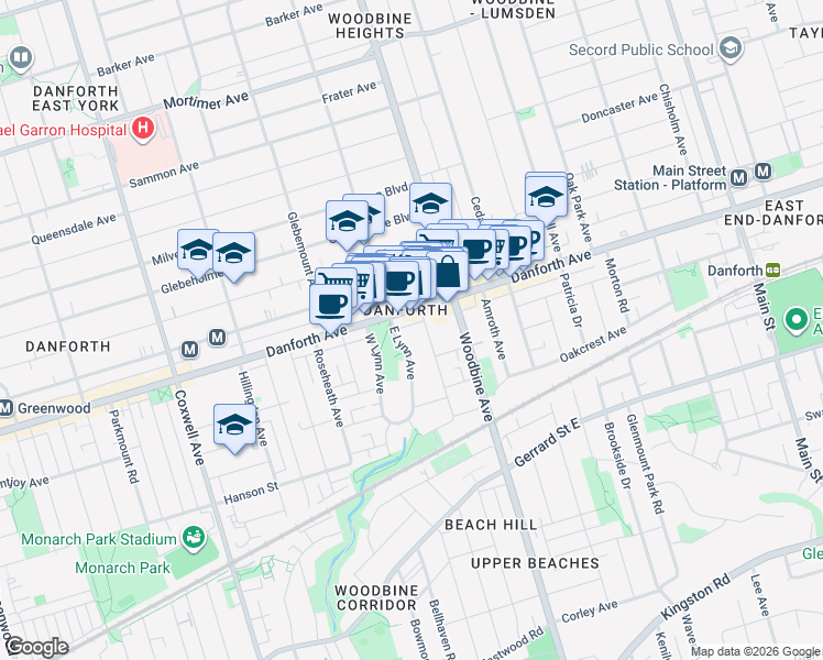 map of restaurants, bars, coffee shops, grocery stores, and more near in Toronto