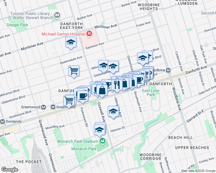 map of restaurants, bars, coffee shops, grocery stores, and more near 373 Strathmore Boulevard in Toronto