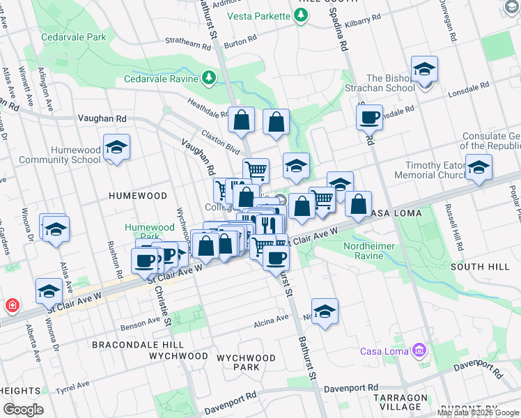 map of restaurants, bars, coffee shops, grocery stores, and more near 1516 Bathurst Street in Toronto