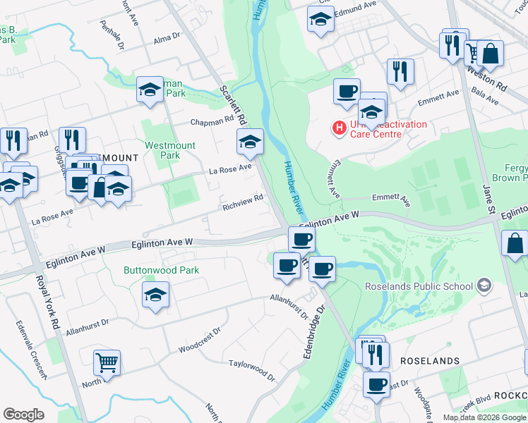 map of restaurants, bars, coffee shops, grocery stores, and more near 1 Richview Road in Toronto