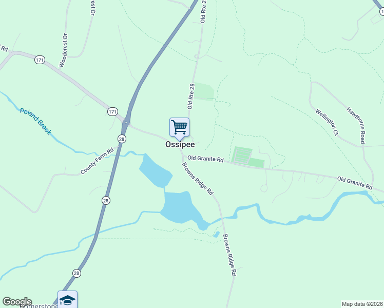 map of restaurants, bars, coffee shops, grocery stores, and more near 45 Old Granite Road in Ossipee