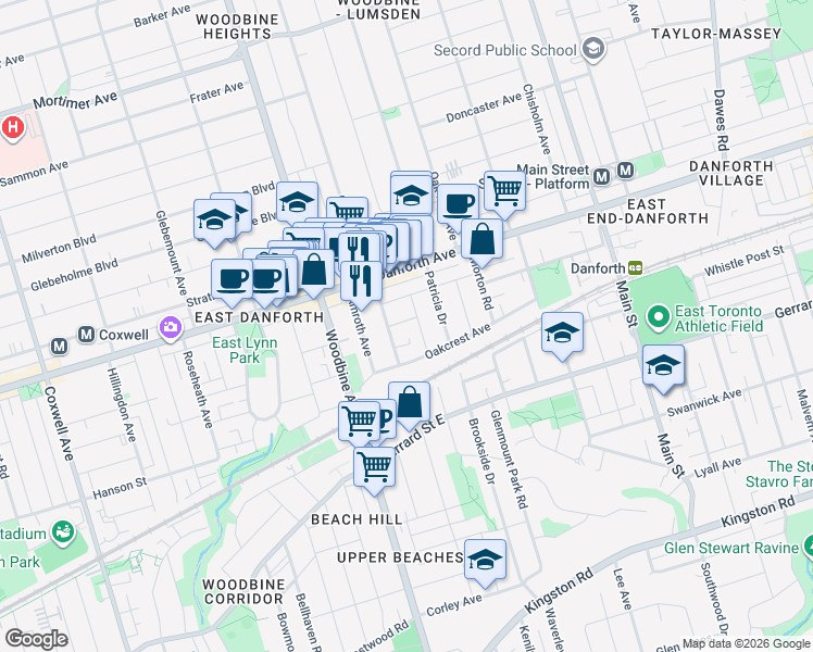 map of restaurants, bars, coffee shops, grocery stores, and more near 17 Ethelwin Avenue in Toronto