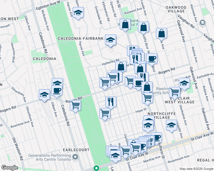 map of restaurants, bars, coffee shops, grocery stores, and more near 256 Earlscourt Avenue in Toronto