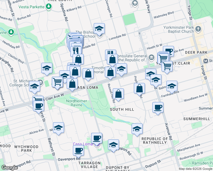 map of restaurants, bars, coffee shops, grocery stores, and more near 254 Russell Hill Road in Toronto