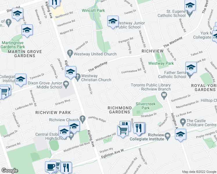 map of restaurants, bars, coffee shops, grocery stores, and more near 35 Shadwick Drive in Toronto