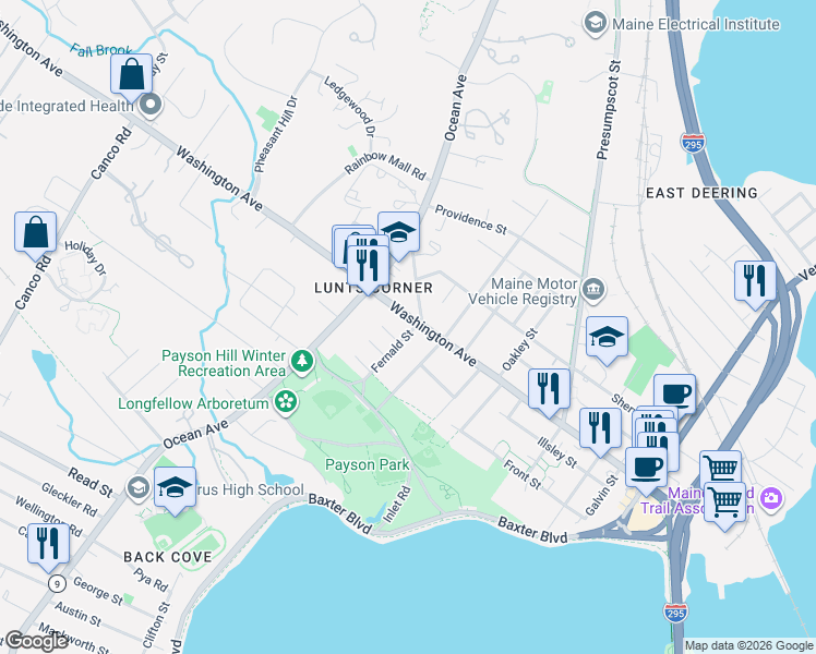 map of restaurants, bars, coffee shops, grocery stores, and more near 3 Lynda Road in Portland