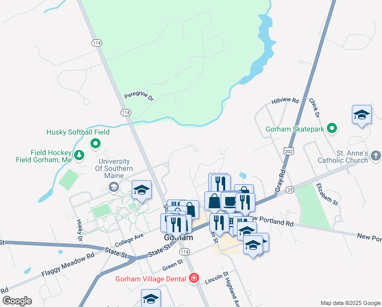 map of restaurants, bars, coffee shops, grocery stores, and more near 123 School Street in Gorham
