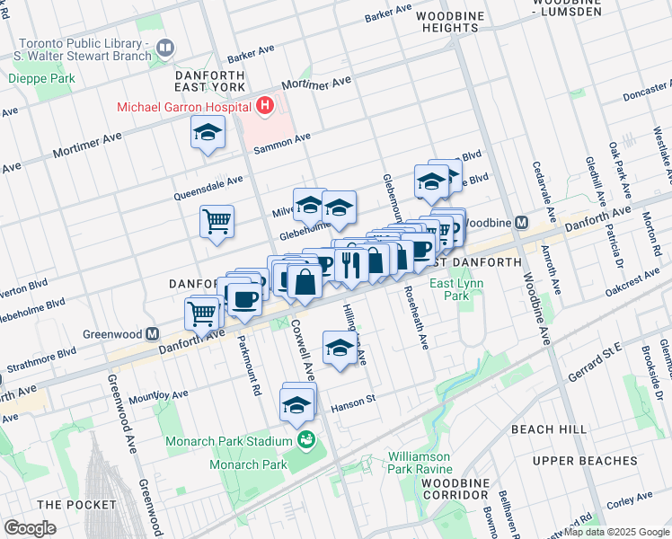 map of restaurants, bars, coffee shops, grocery stores, and more near 373 Strathmore Boulevard in Toronto
