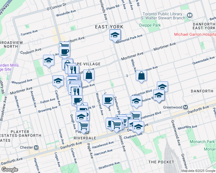 map of restaurants, bars, coffee shops, grocery stores, and more near in Toronto
