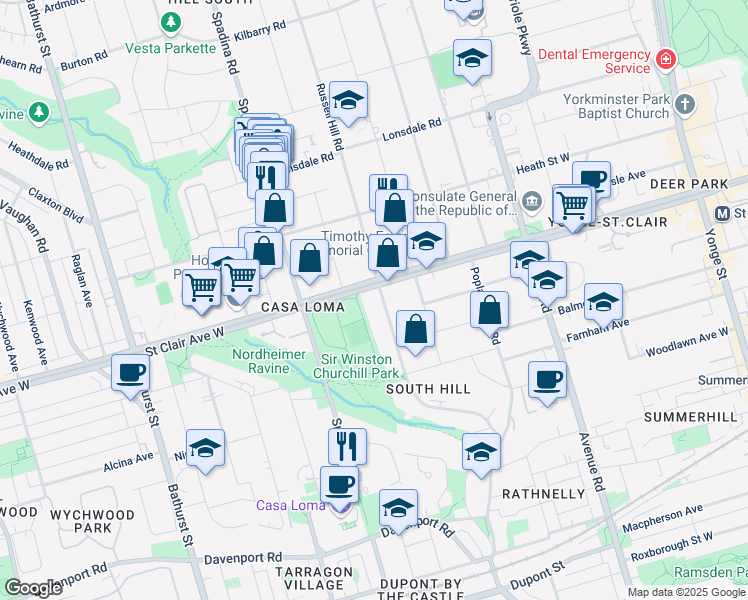 map of restaurants, bars, coffee shops, grocery stores, and more near 254 Russell Hill Road in Toronto