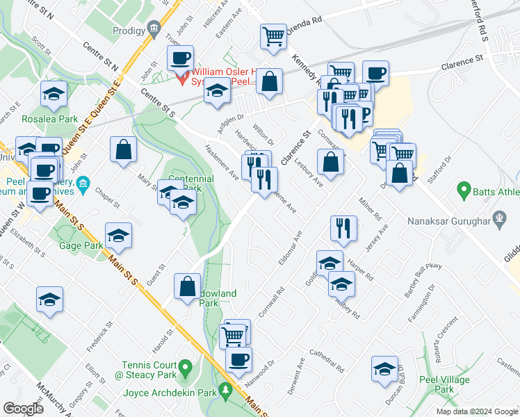 map of restaurants, bars, coffee shops, grocery stores, and more near 20 Marsden Crescent in Brampton