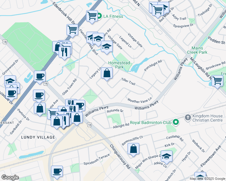map of restaurants, bars, coffee shops, grocery stores, and more near 101 Binder Twine Trail in Brampton