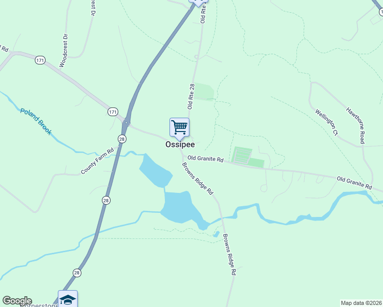 map of restaurants, bars, coffee shops, grocery stores, and more near 45 Old Granite Road in Ossipee