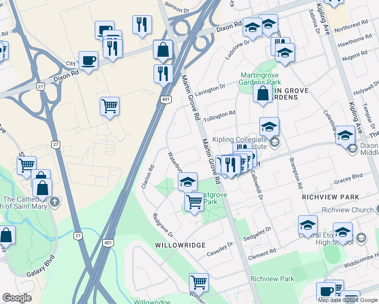 map of restaurants, bars, coffee shops, grocery stores, and more near 19 Dunsany Crescent in Toronto