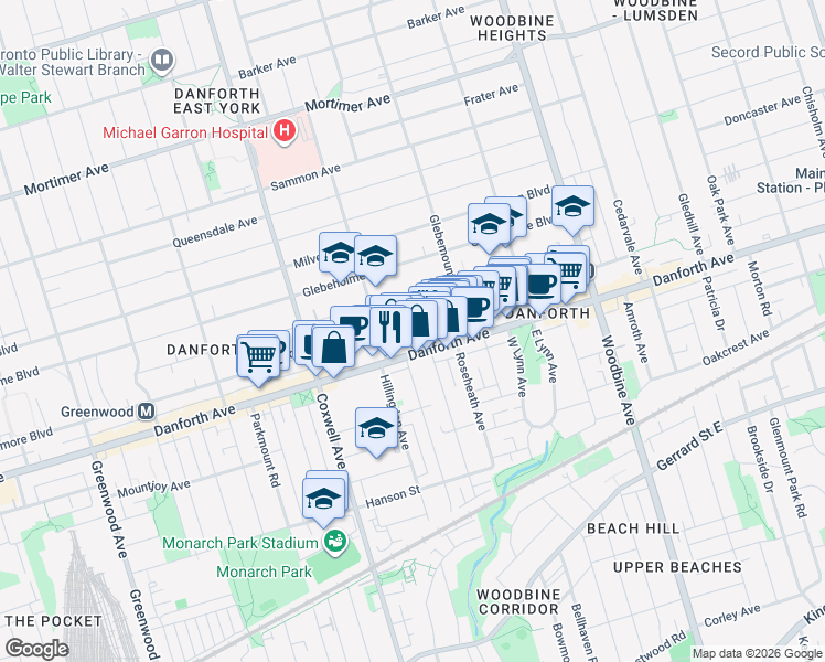 map of restaurants, bars, coffee shops, grocery stores, and more near in Toronto