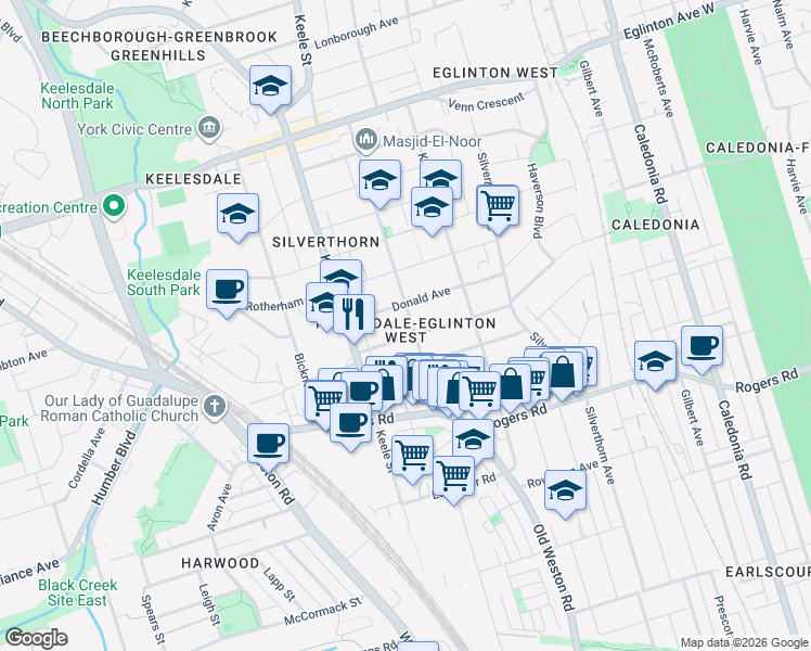 map of restaurants, bars, coffee shops, grocery stores, and more near 88 Scott Road in Toronto