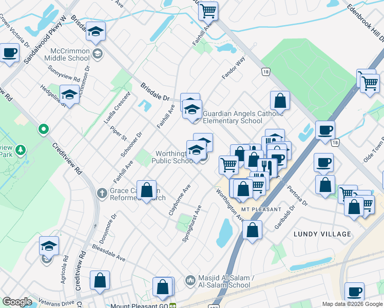map of restaurants, bars, coffee shops, grocery stores, and more near 75-89 Worthington Avenue in Brampton