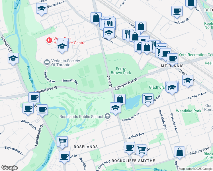 map of restaurants, bars, coffee shops, grocery stores, and more near 101 Emmett Avenue in Toronto