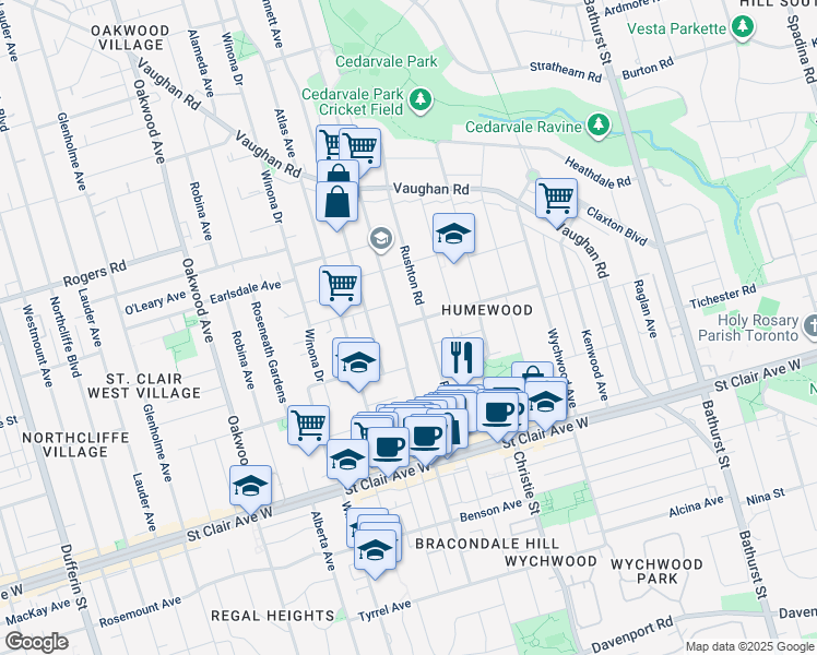map of restaurants, bars, coffee shops, grocery stores, and more near in Toronto