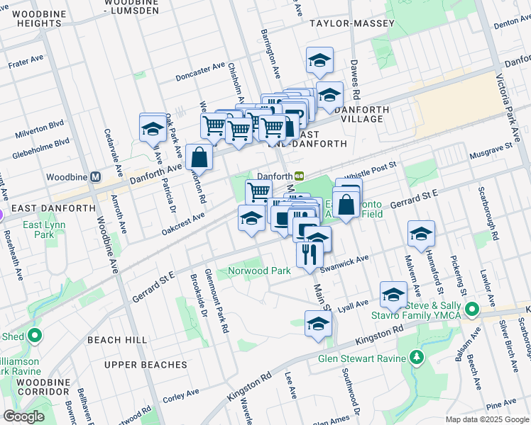 map of restaurants, bars, coffee shops, grocery stores, and more near 108 Enderby Road in Toronto