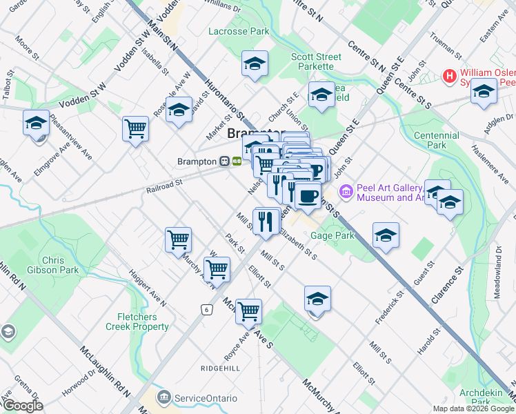 map of restaurants, bars, coffee shops, grocery stores, and more near 21 Elizabeth Street North in Brampton