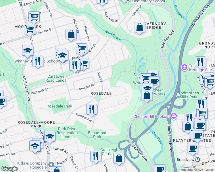 map of restaurants, bars, coffee shops, grocery stores, and more near 170 Roxborough Drive in Toronto