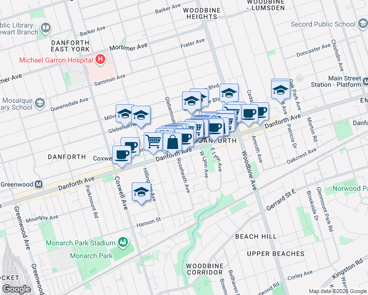 map of restaurants, bars, coffee shops, grocery stores, and more near 1852 Danforth Avenue in Toronto