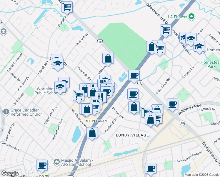 map of restaurants, bars, coffee shops, grocery stores, and more near 81 Farthingale Crescent in Brampton