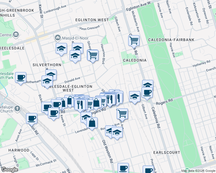 map of restaurants, bars, coffee shops, grocery stores, and more near 16 Failsworth Avenue in Toronto