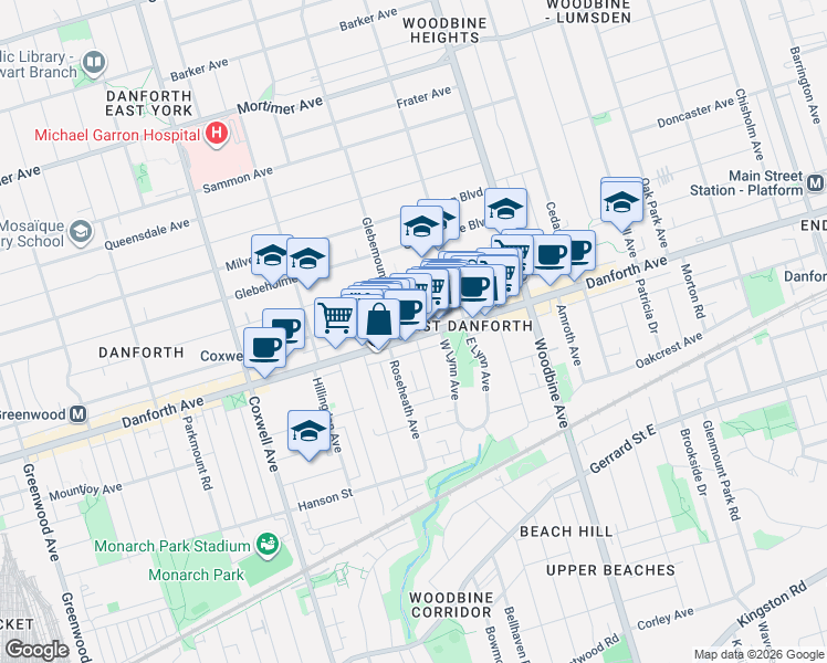 map of restaurants, bars, coffee shops, grocery stores, and more near 1866 Danforth Avenue in Toronto