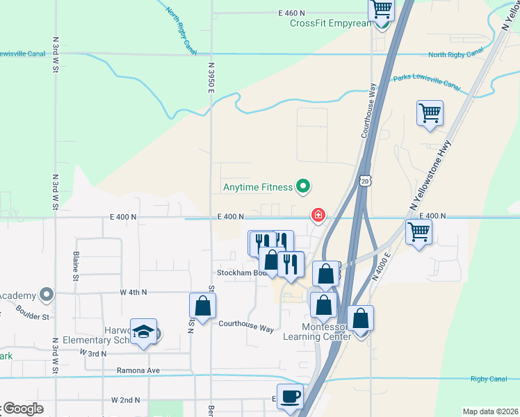 map of restaurants, bars, coffee shops, grocery stores, and more near 3959 East 400 North in Rigby