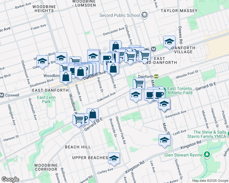 map of restaurants, bars, coffee shops, grocery stores, and more near 156 Oakcrest Avenue in Toronto