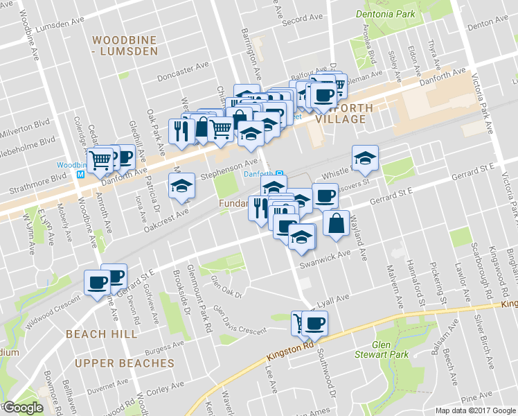 map of restaurants, bars, coffee shops, grocery stores, and more near 92 Enderby Road in Toronto