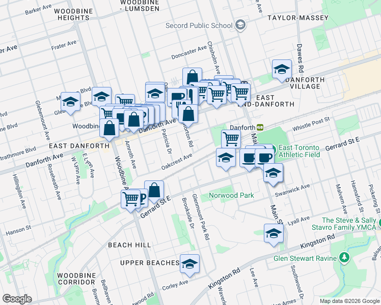 map of restaurants, bars, coffee shops, grocery stores, and more near 156 Oakcrest Avenue in Toronto