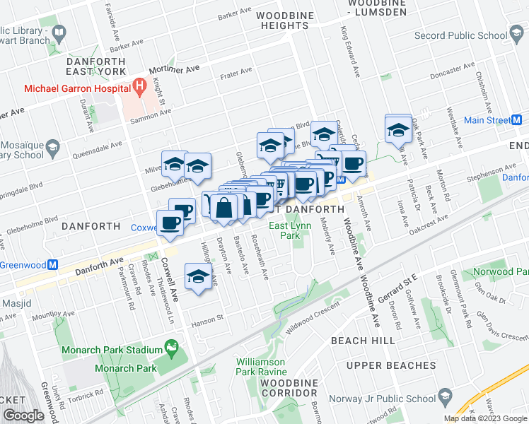 map of restaurants, bars, coffee shops, grocery stores, and more near 1855 Danforth Avenue in Toronto