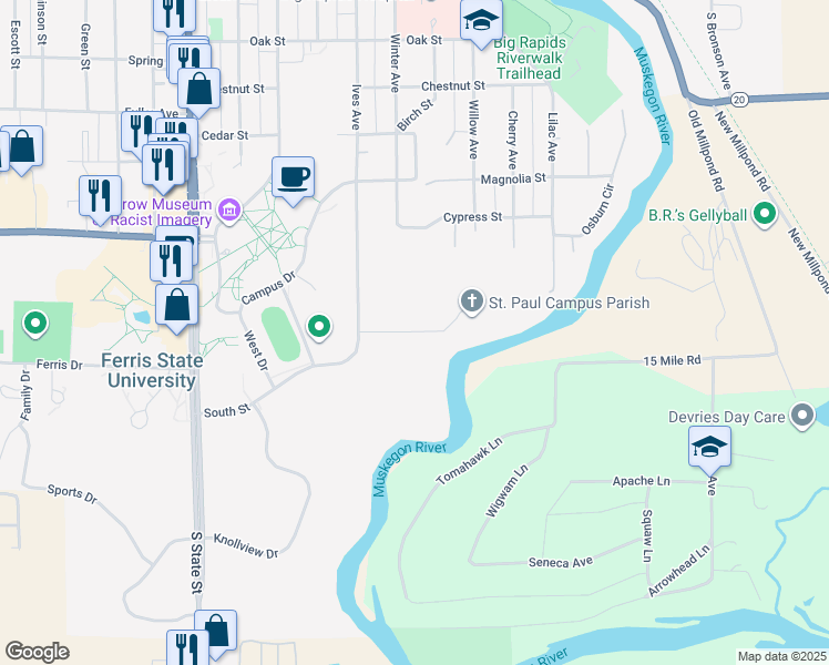 map of restaurants, bars, coffee shops, grocery stores, and more near 507 Damascus Road in Big Rapids