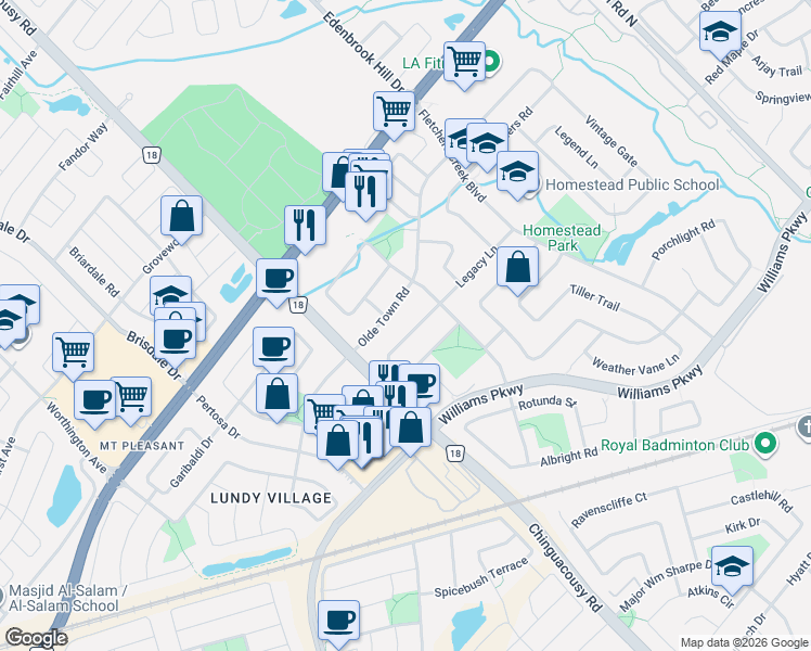 map of restaurants, bars, coffee shops, grocery stores, and more near 19 Culture Crescent in Brampton