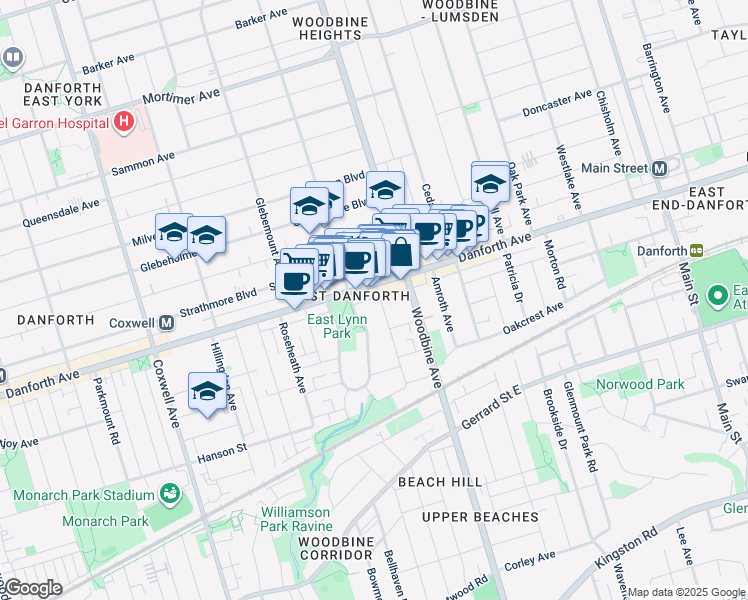 map of restaurants, bars, coffee shops, grocery stores, and more near in Toronto