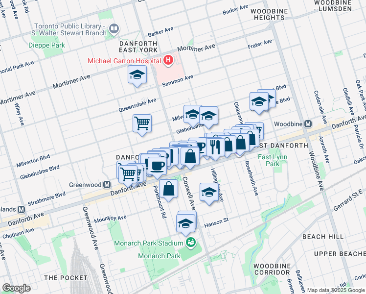 map of restaurants, bars, coffee shops, grocery stores, and more near 163 Wolverleigh Boulevard in Toronto