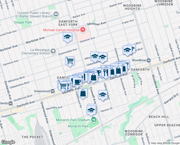 map of restaurants, bars, coffee shops, grocery stores, and more near 163 Wolverleigh Boulevard in Toronto