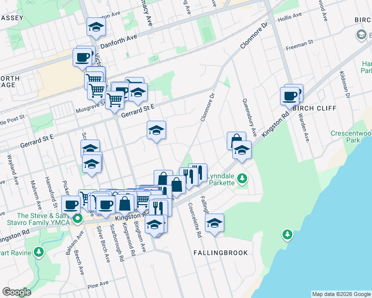 map of restaurants, bars, coffee shops, grocery stores, and more near 34 Clonmore Drive in Toronto