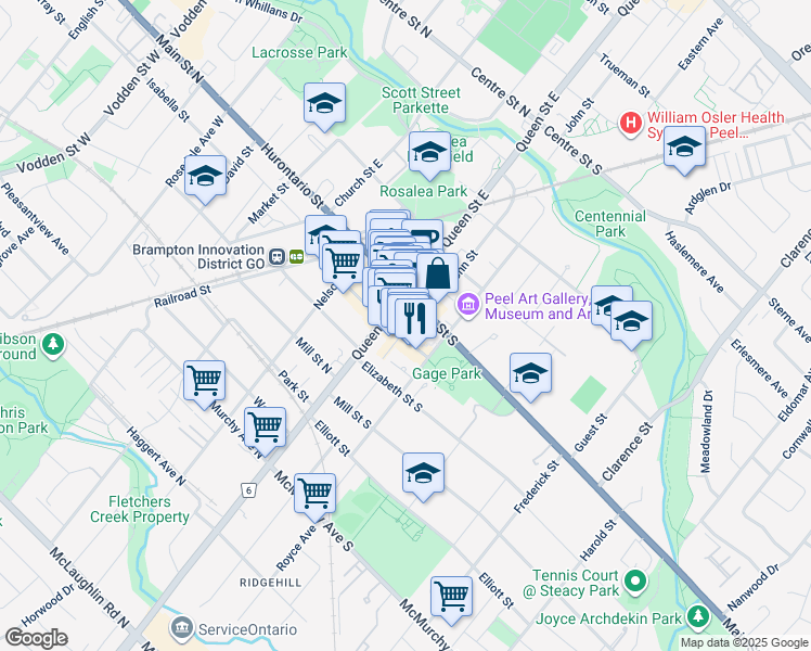 map of restaurants, bars, coffee shops, grocery stores, and more near Caruso Lane in Brampton