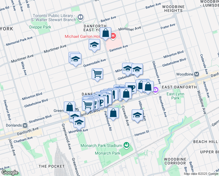 map of restaurants, bars, coffee shops, grocery stores, and more near 140 Wolverleigh Boulevard in Toronto