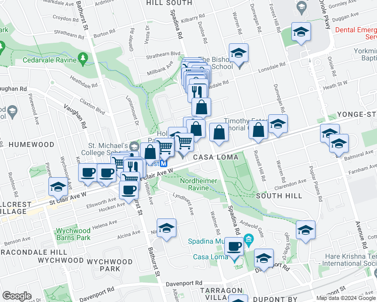 map of restaurants, bars, coffee shops, grocery stores, and more near 400 Walmer Road in Toronto