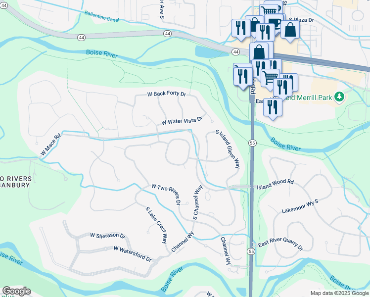 map of restaurants, bars, coffee shops, grocery stores, and more near 491 West Willow Trace Drive in Eagle