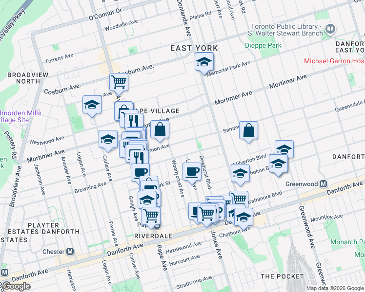 map of restaurants, bars, coffee shops, grocery stores, and more near 121 Sammon Avenue in Toronto