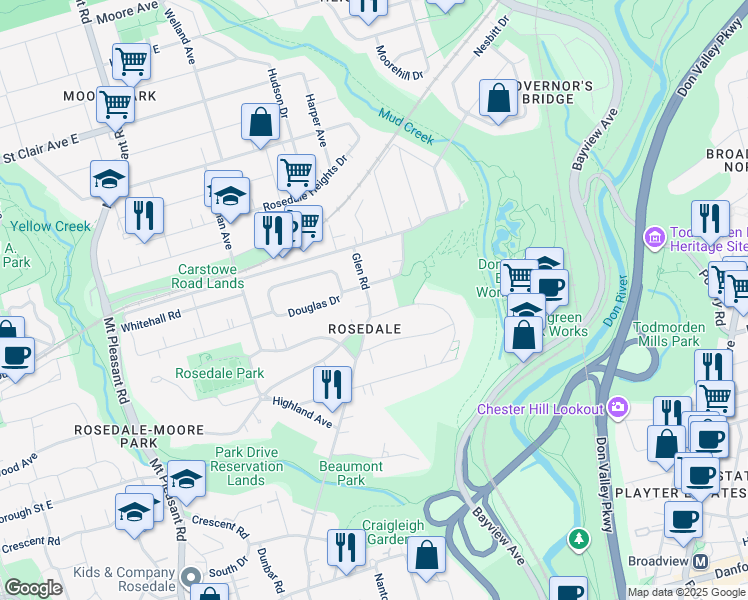 map of restaurants, bars, coffee shops, grocery stores, and more near 157 Glen Road in Toronto