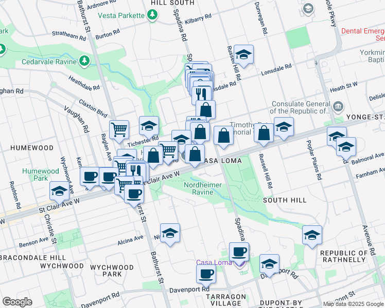 map of restaurants, bars, coffee shops, grocery stores, and more near 400 Walmer Road in Toronto